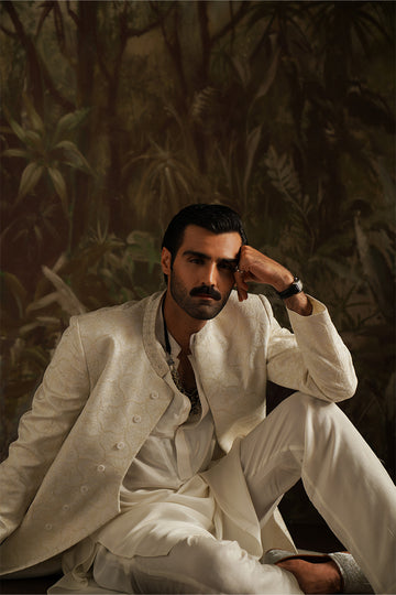 Ivory white jacquard sherwani for groom